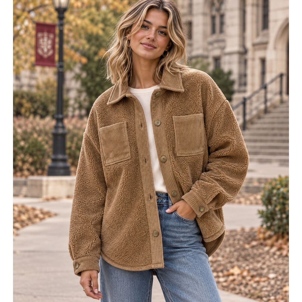 American Eagle Tan Teddy Sherpa Corduroy Fleece Oversized Shacket Size XS
